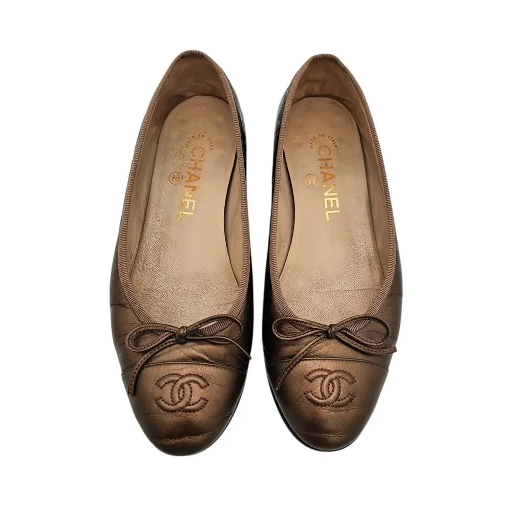 Chanel CC Cap Toe Ballet Flat Slipper Brown Bronze Leather Size 36.5 US 5.5 6